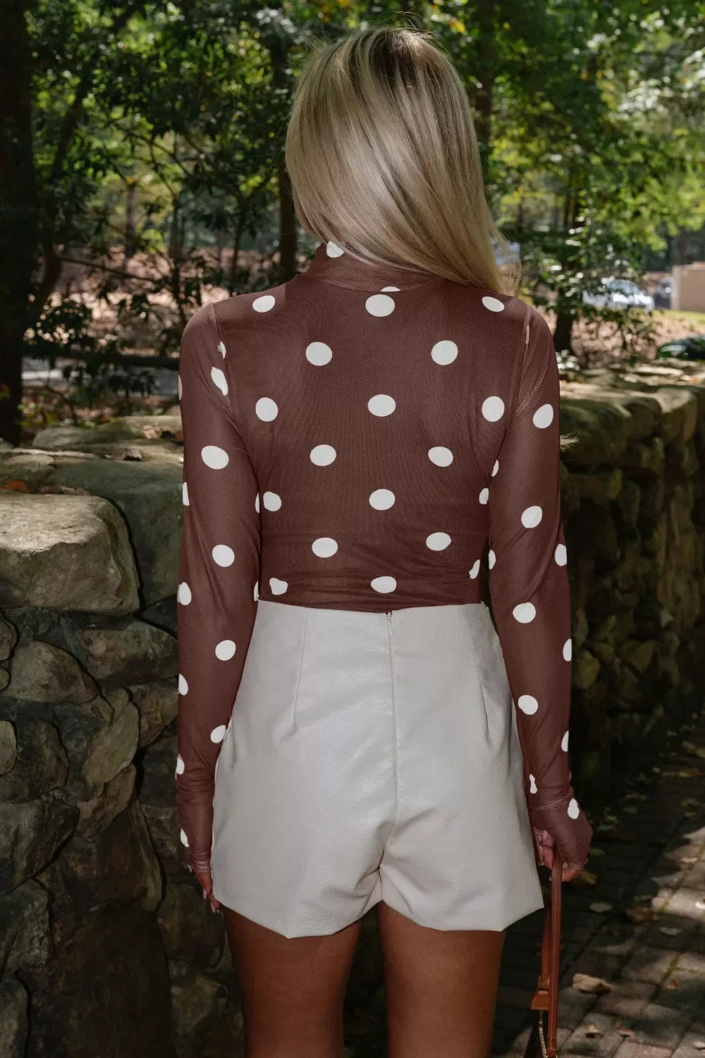 Vintage Polka Dot Print Mesh Long Sleeve Bodysuit - Trendsi - Flyclothing LLC