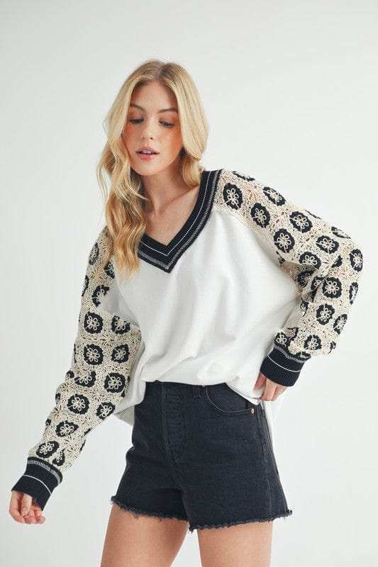 Aemi+Co Crochet Contrast Stitching V Neck Top - Trendsi - Flyclothing LLC