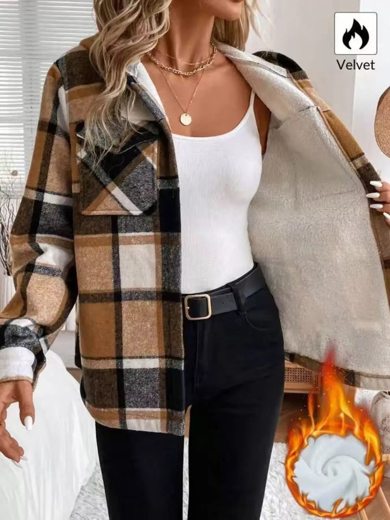 Hooded Plaid Button Up Jacket - Trendsi - Flyclothing LLC