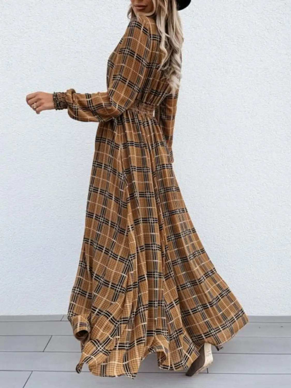 Slit Plaid Tie Neck Long Sleeve Maxi Dress - Trendsi - Flyclothing LLC