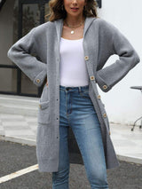 Pocketed Button Up Long Sleeve Hooded Cardigan - Trendsi - Flyclothing LLC
