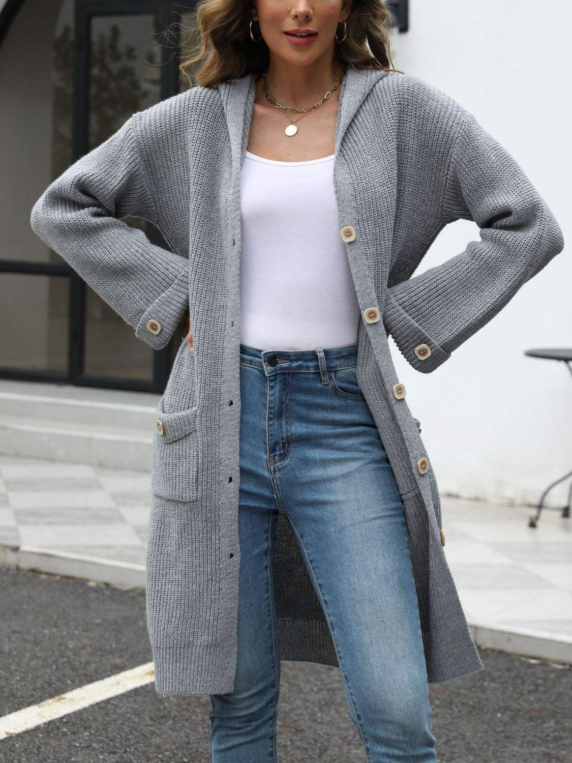 Pocketed Button Up Long Sleeve Hooded Cardigan - Trendsi - Flyclothing LLC