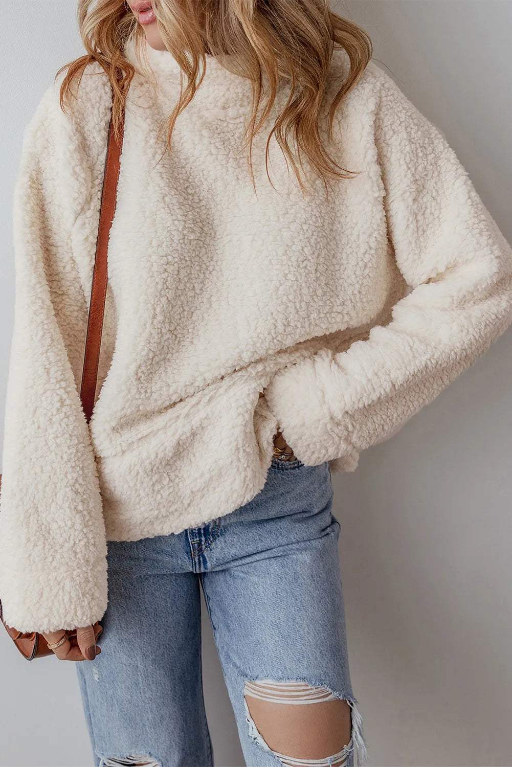 Turtleneck Long Sleeve Slit Fleece Sweatshirt - Trendsi - Flyclothing LLC