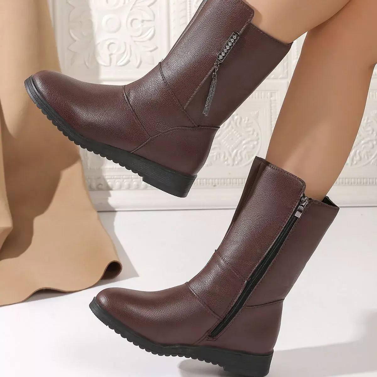 Round Toe Side Zip Boots - Trendsi - Flyclothing LLC