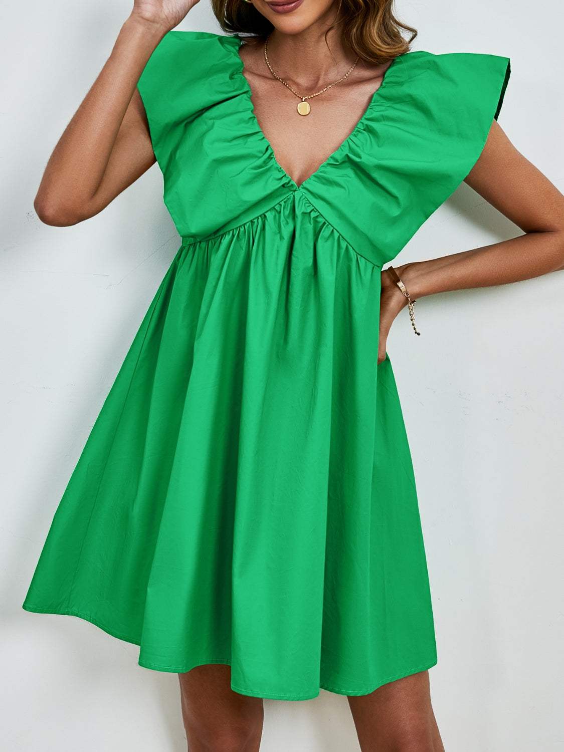V-Neck Cap Sleeve Mini Dress - Trendsi - Flyclothing LLC