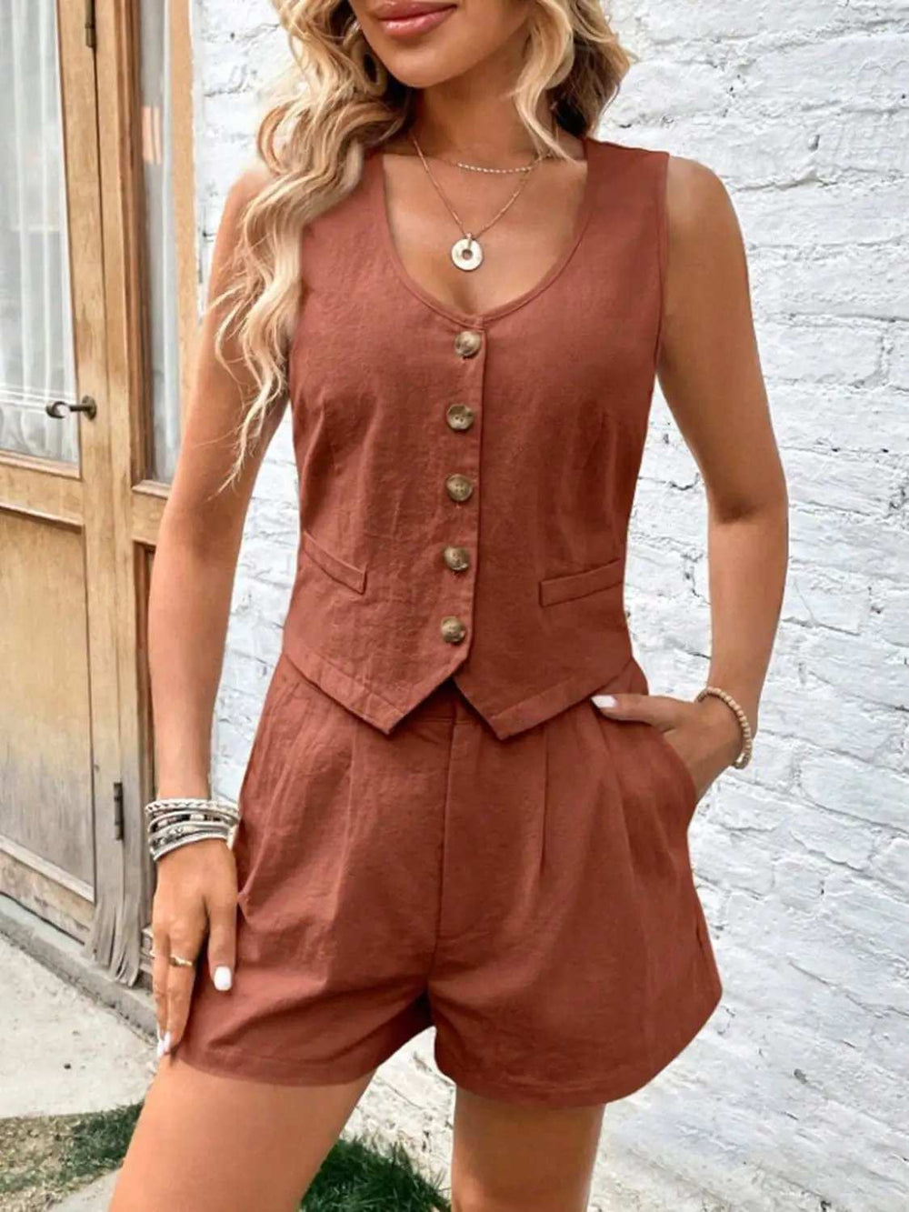 Scoop Neck Sleeveless Top and Shorts Set - Trendsi - Flyclothing LLC