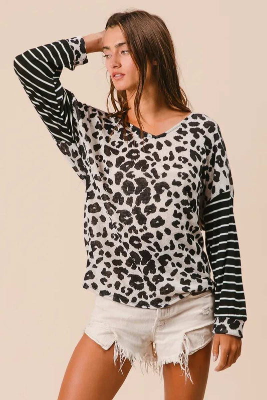 BiBi Leopard Hacci Knit Twist Back Top With Stripe Sleeve - Trendsi - Flyclothing LLC