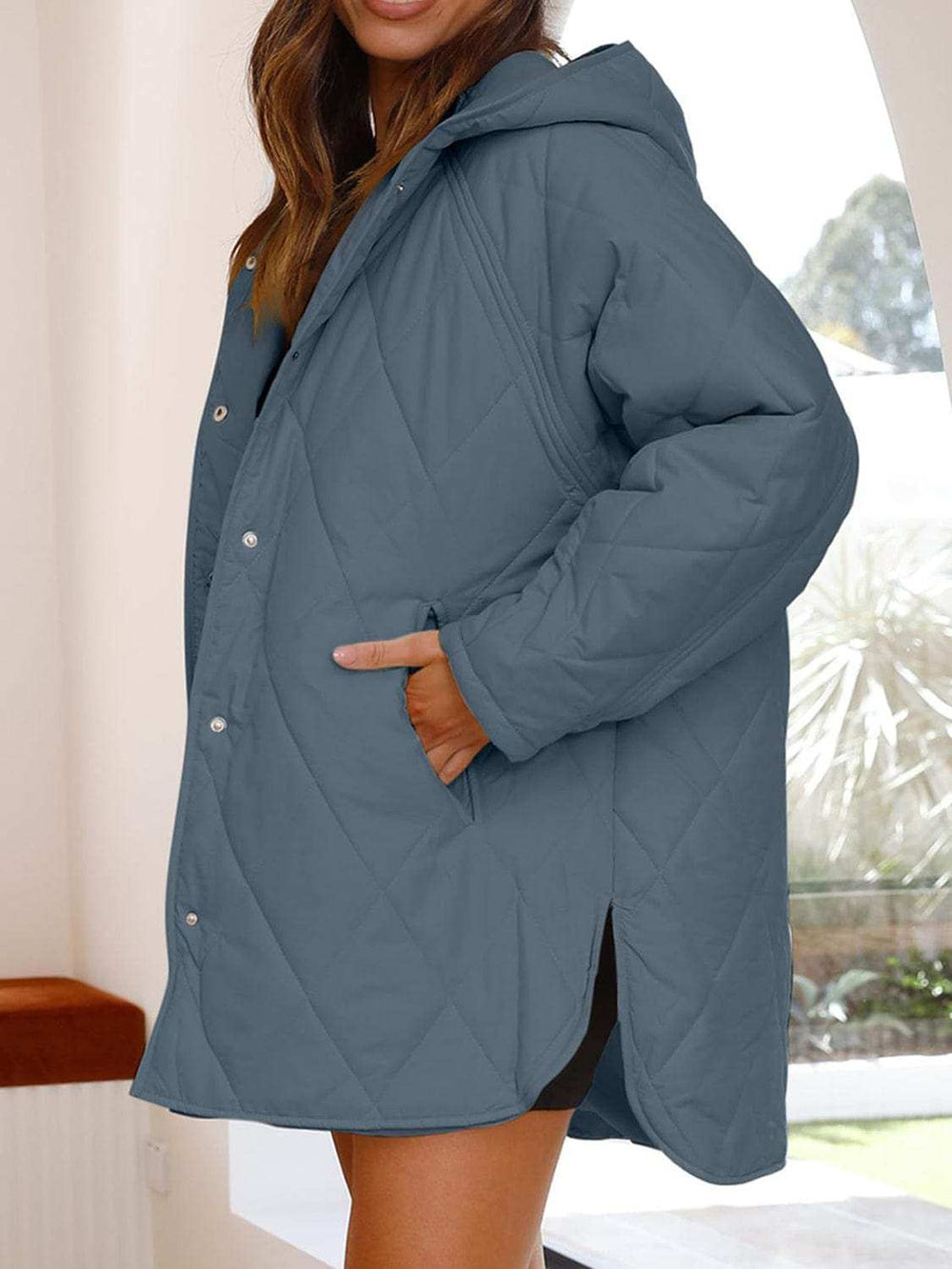 Slit Snap Down Long Sleeve Hooded Jacket - Trendsi - Flyclothing LLC