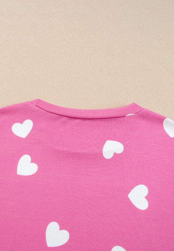 Heart Round Neck Long Sleeve Top and Elastic Waist Shorts Set - Trendsi - Flyclothing LLC
