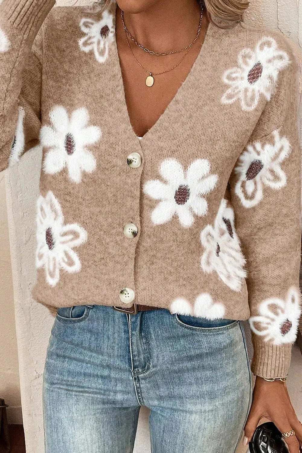 Flower Button Up Long Sleeve Cardigan - Trendsi - Flyclothing LLC