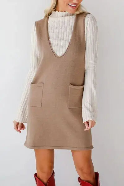 Lovelet Pocketed V-Neck Mini Sweater Overall Dress - Trendsi - Flyclothing LLC