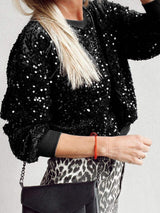 Sequin Round Neck Long Sleeve Blouse - Trendsi - Flyclothing LLC
