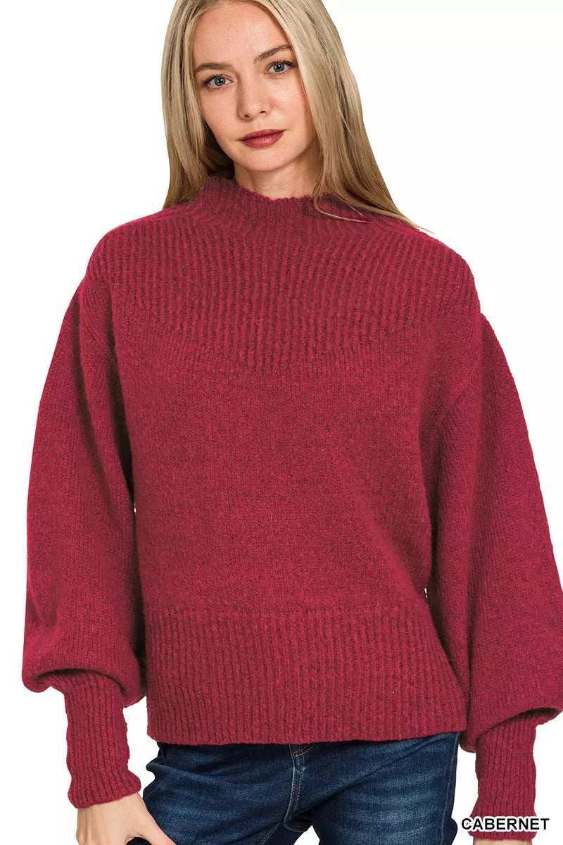 Zenana Balloon Sleeve Mock Neck Sweater - Trendsi - Flyclothing LLC