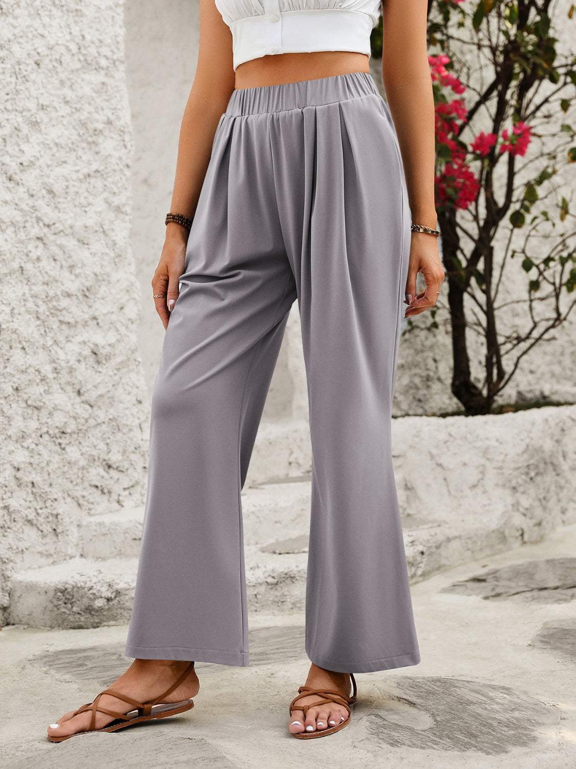 Elastic Waist Wide Leg Pants - Trendsi - Flyclothing LLC