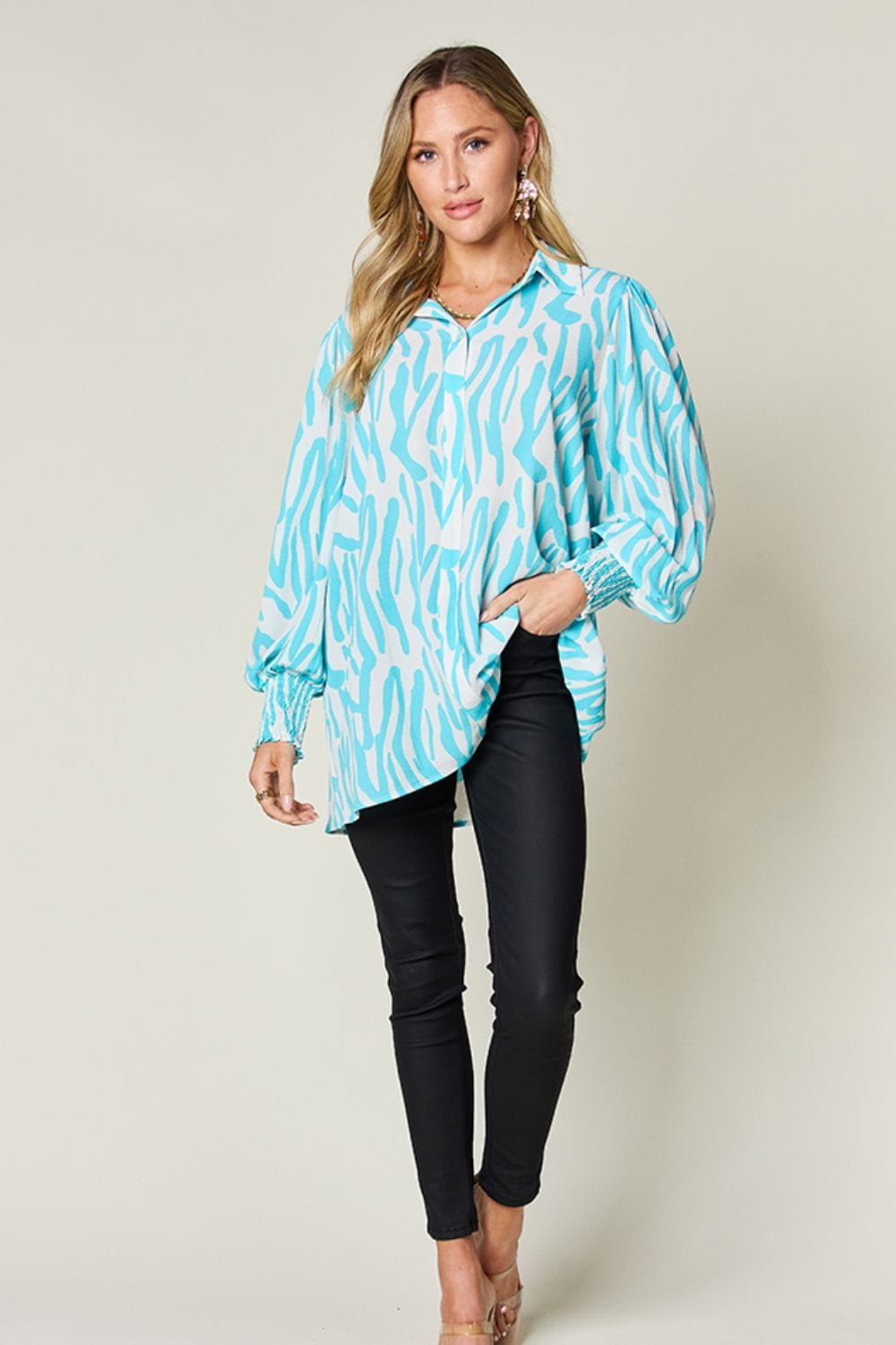 Double Take Full Size Printed Smocked Long Sleeve Blouse - Trendsi