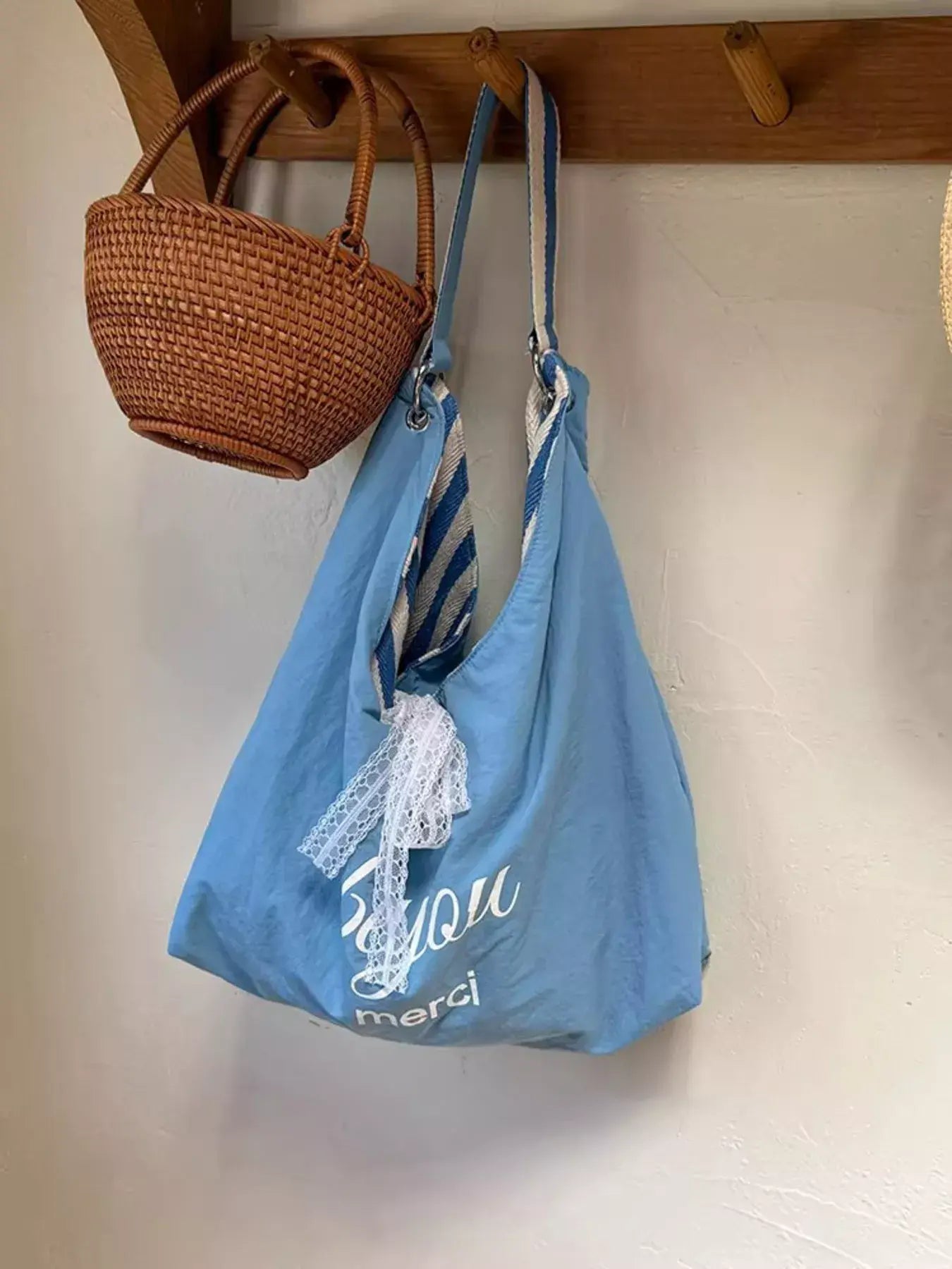 Striped Canvas Tote Bag - Trendsi - Flyclothing LLC