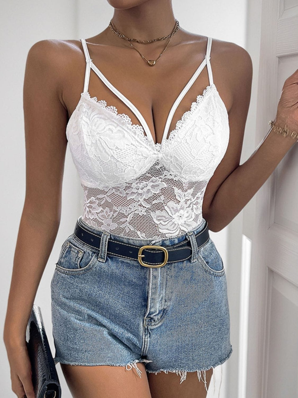 Perfee Spaghetti Strap Lace Bodysuit - Trendsi
