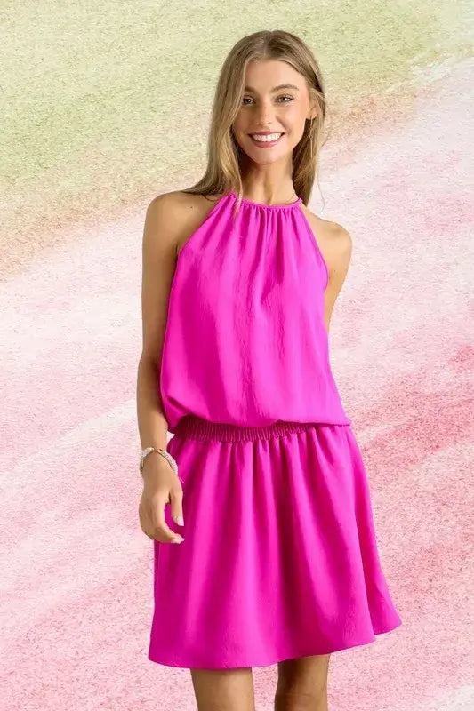 ADORA Halter Neck Smocking Waist Dress - Trendsi - Flyclothing LLC