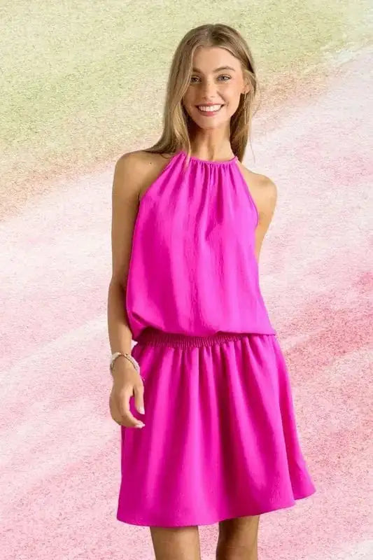 ADORA Halter Neck Smocking Waist Dress - Trendsi