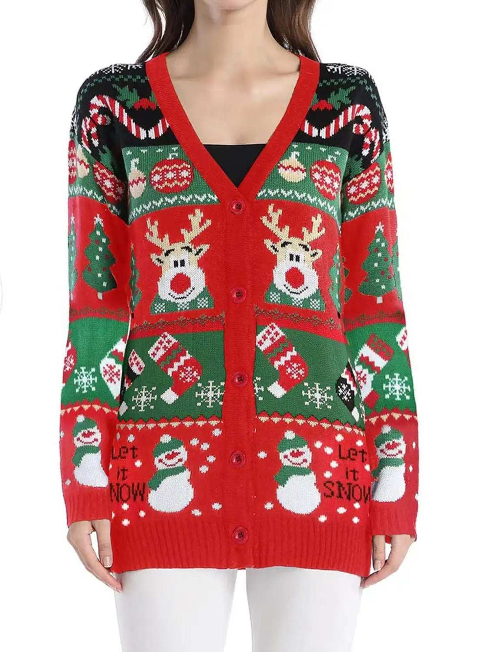 Reindeer Button Up Long Sleeve Cardigan - Trendsi - Flyclothing LLC