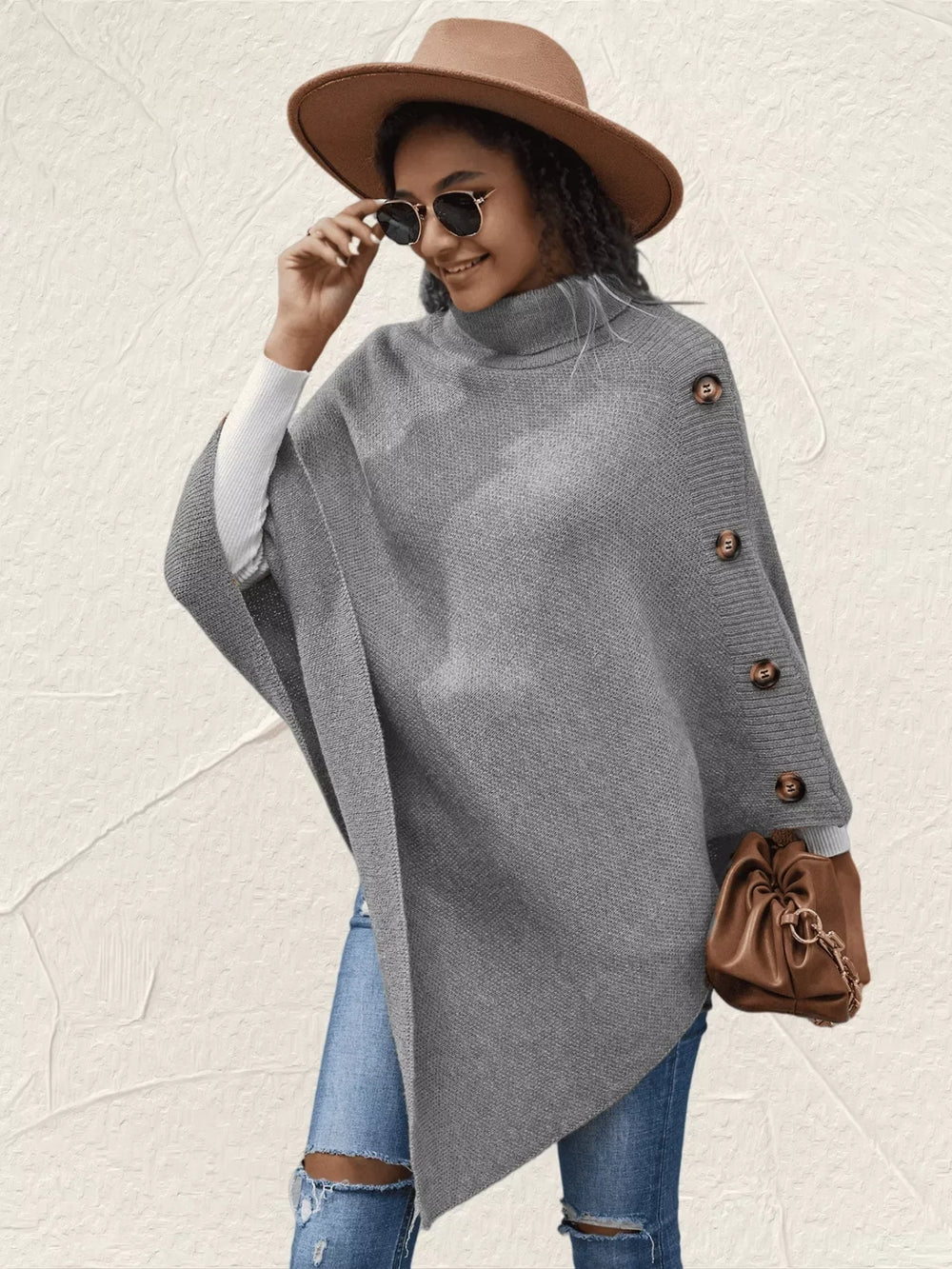 Button-Decor Turtleneck Poncho Pullover - Trendsi - Flyclothing LLC
