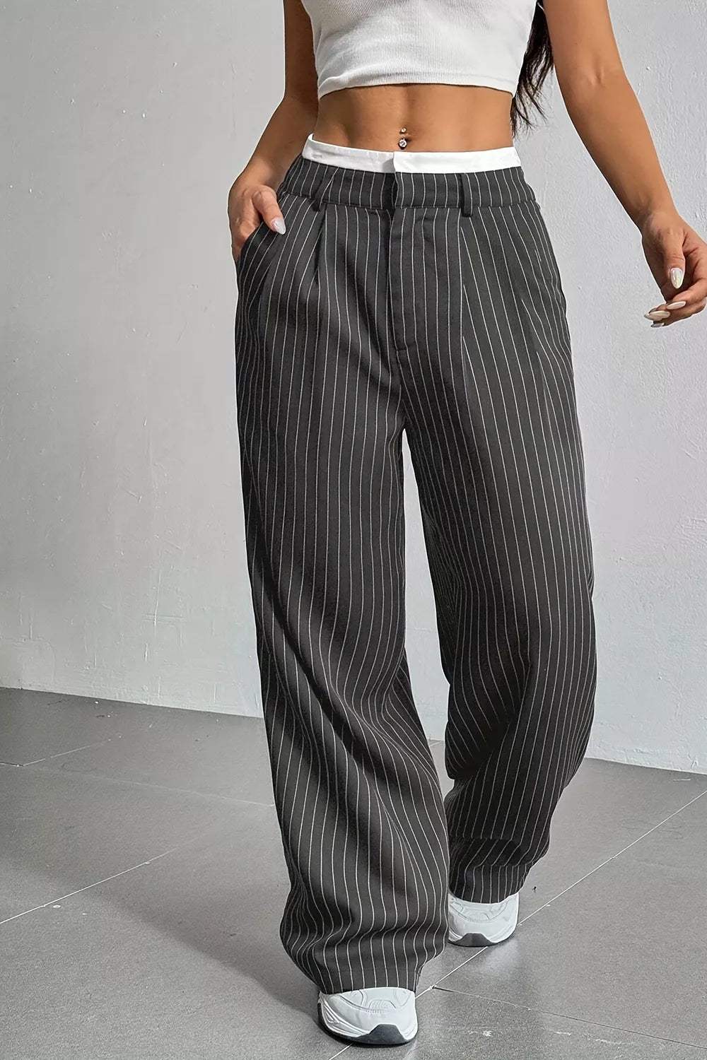 High-Waisted Pinstripe Wide-Leg Pants - Trendsi - Flyclothing LLC
