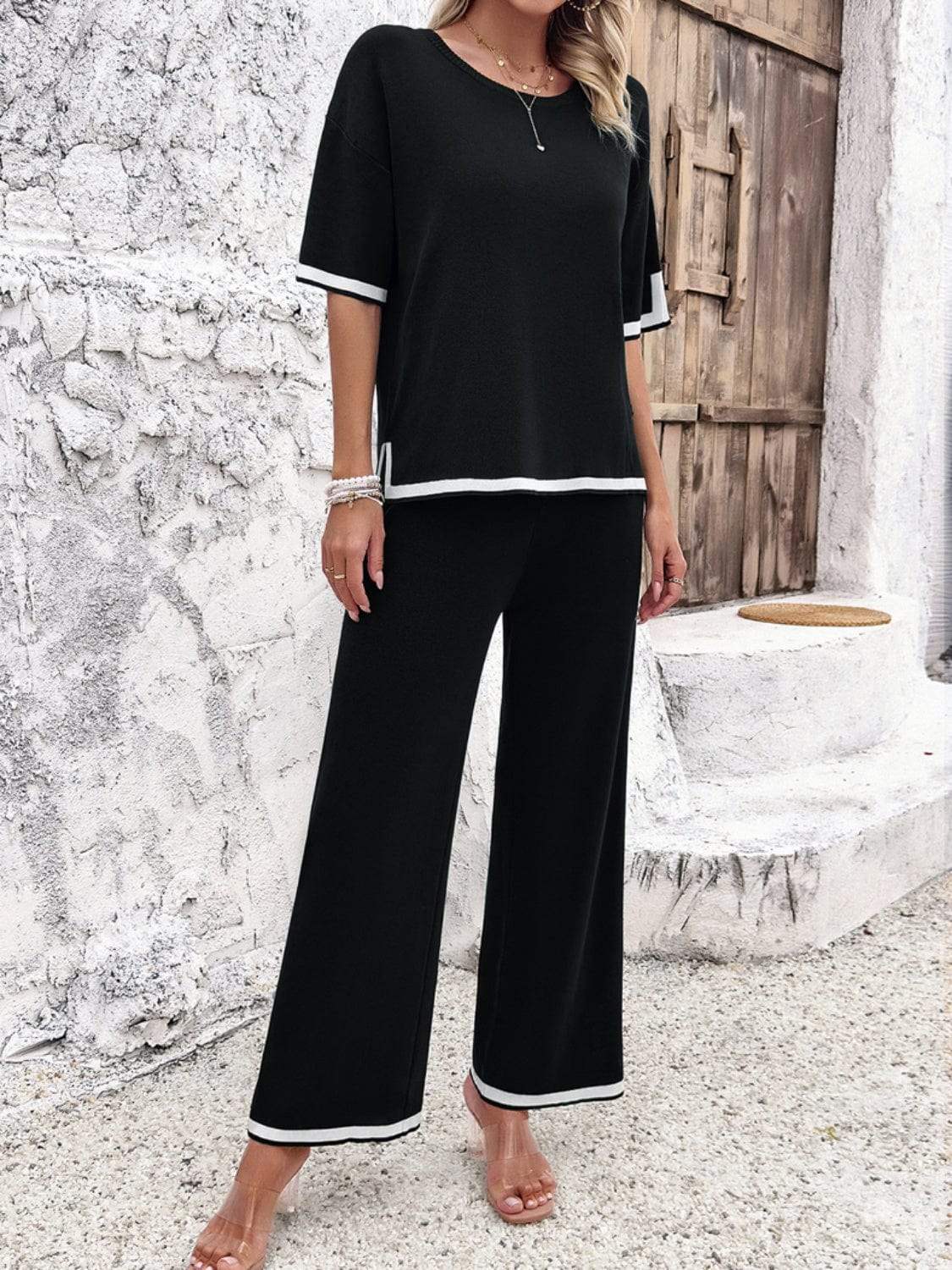 Contrast Trim Round Neck Top and Pants Set - Trendsi - Flyclothing LLC