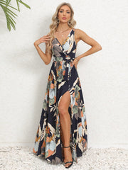 Slit Tied Printed Surplice Dress - Trendsi