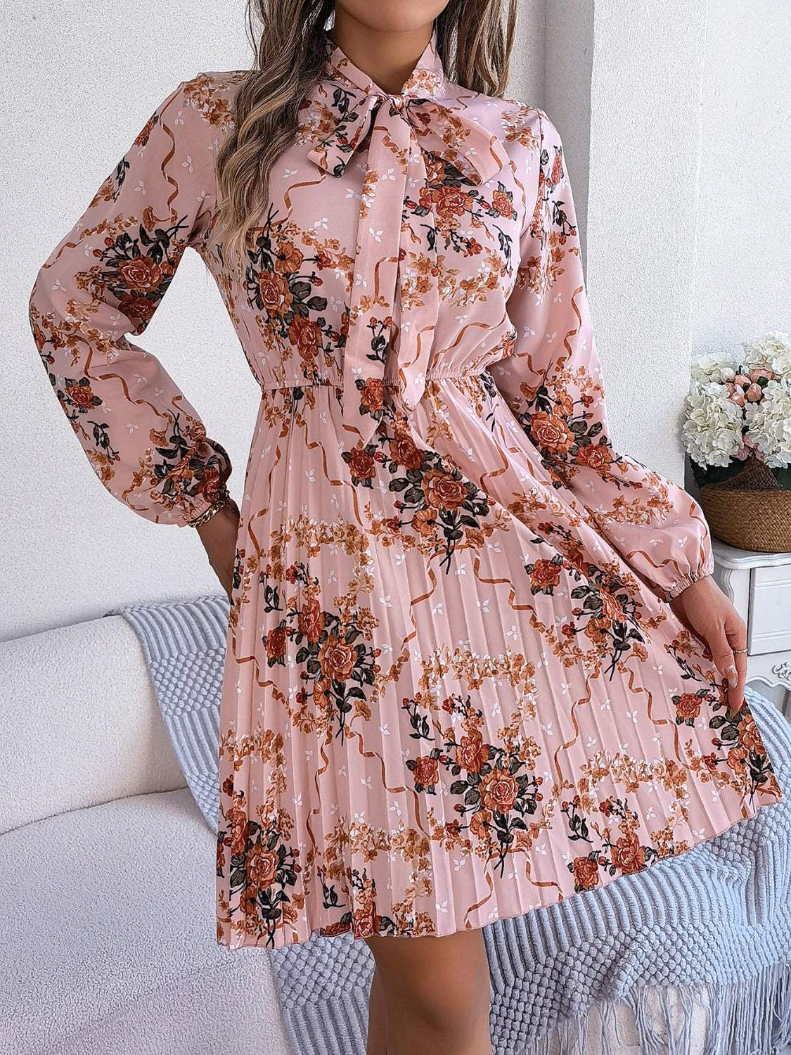 Pleated Printed Tie Neck Long Sleeve Dress - Trendsi - Flyclothing LLC