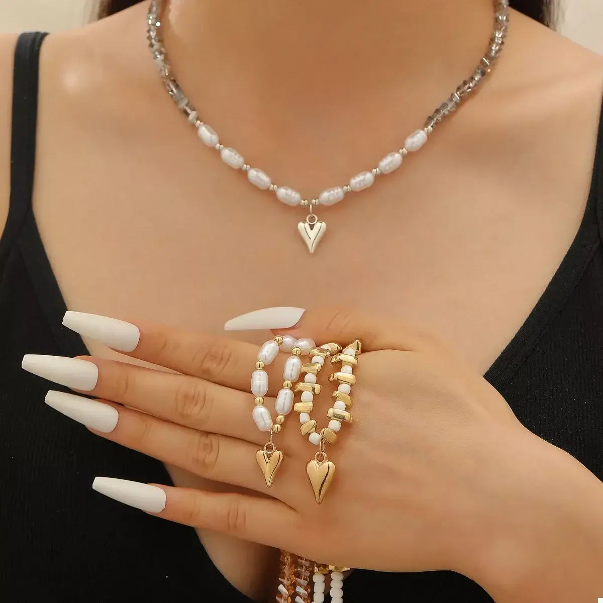 Pearl & Heart Pendant Necklace - Trendsi - Flyclothing LLC