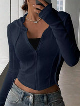 Ribbed Knit Cropped Zip-Up Outerwear - Trendsi - Flyclothing LLC