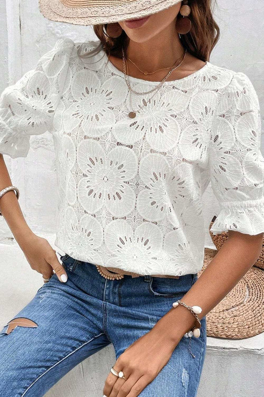 Round Neck Flounce Sleeve Blouse - Trendsi - Flyclothing LLC