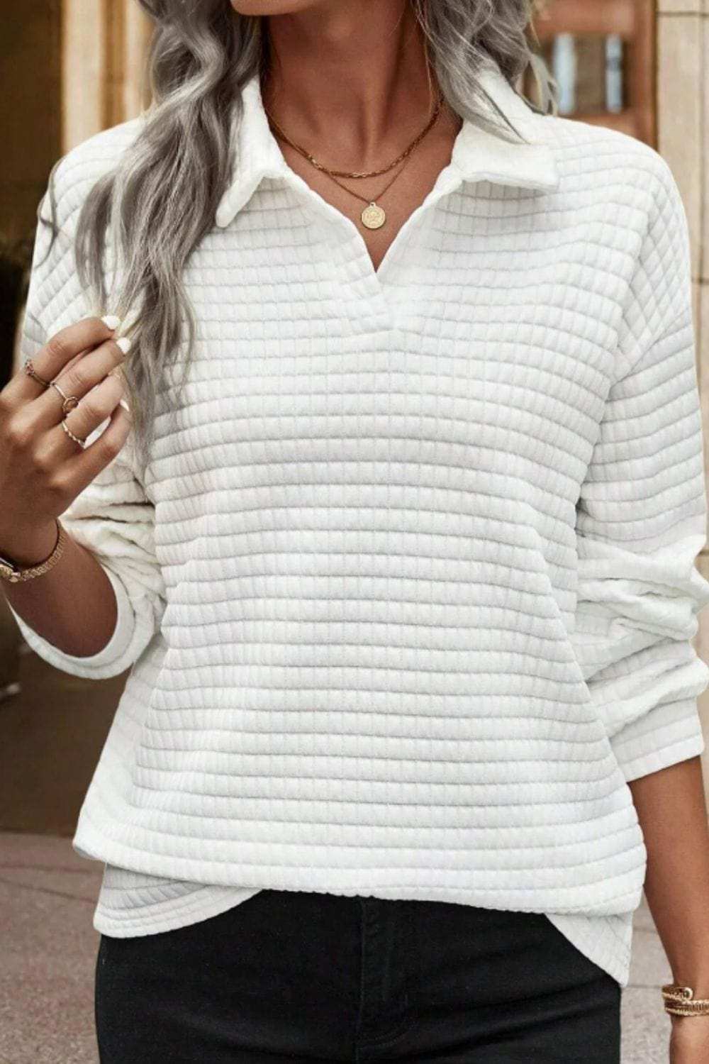 Texture Johnny Collar Long Sleeve Sweatshirt - Trendsi - Flyclothing LLC