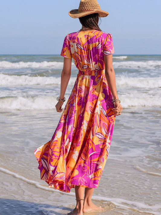 Printed V-Neck Short Sleeve Midi Dress - Trendsi