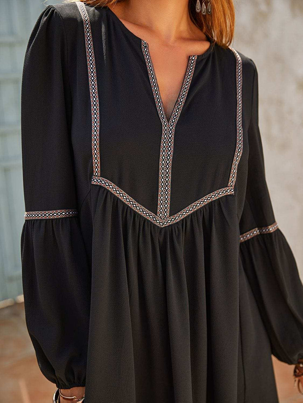 Ruched Notched Long Sleeve Mini Dress - Trendsi - Flyclothing LLC