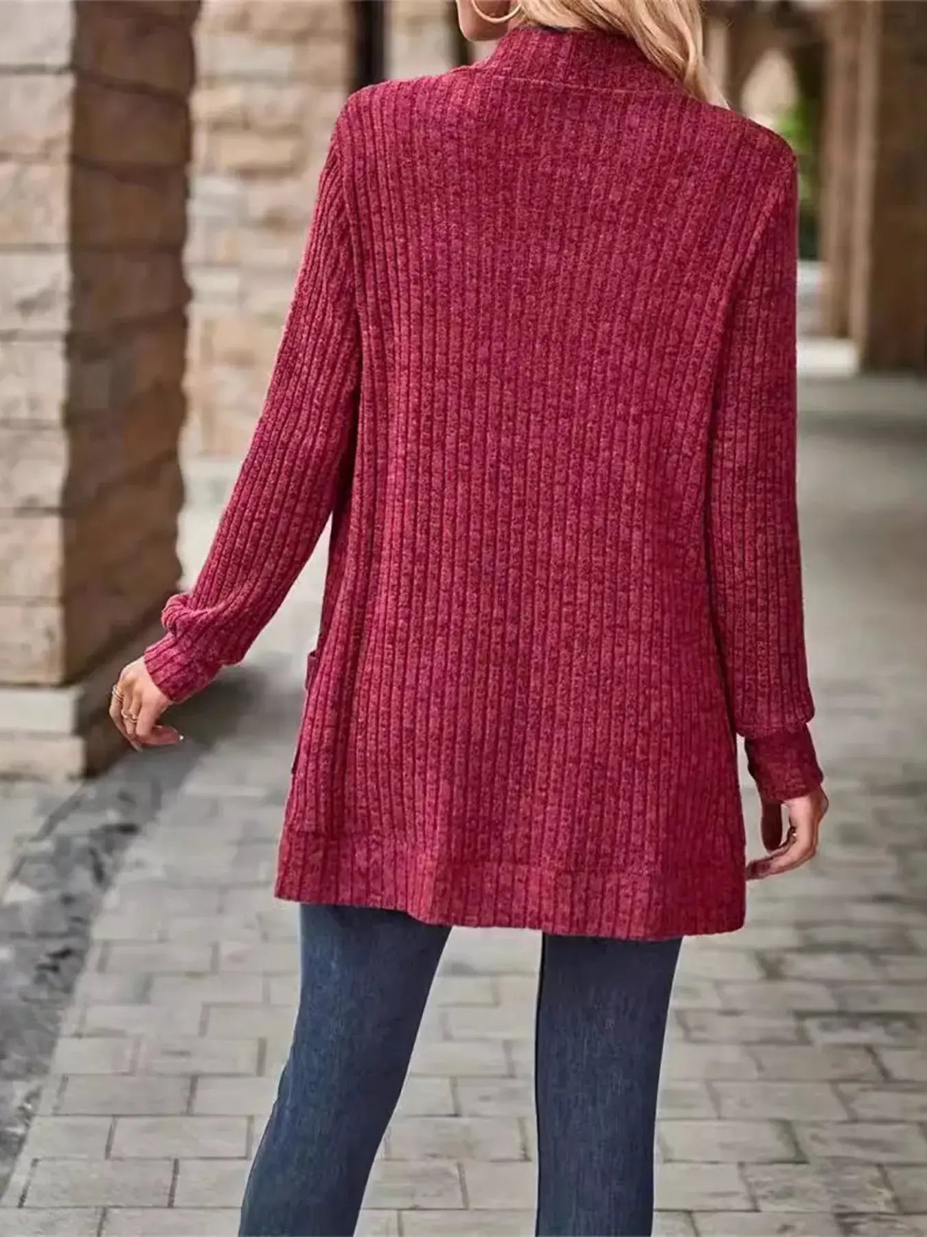 Ribbed Open Front Long Cardigan with Pockets - Trendsi - Flyclothing LLC