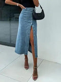 Front Button Slit Midi Denim Skirt - Trendsi