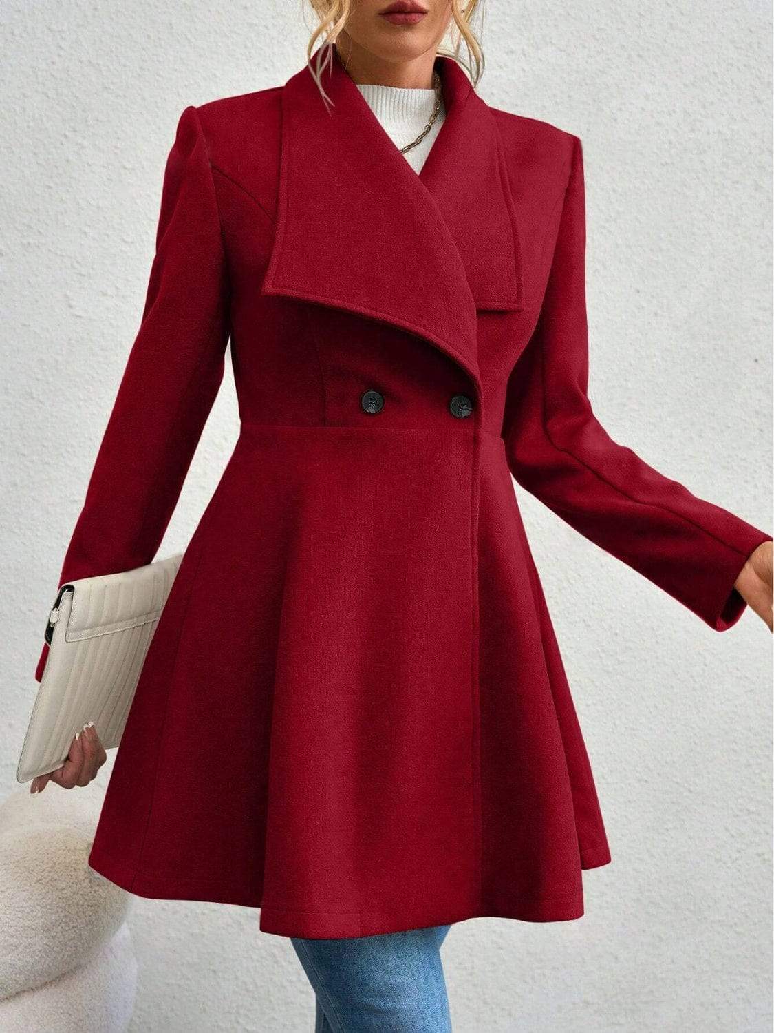 Collared Neck Button Up Long Sleeve Coat - Trendsi - Flyclothing LLC