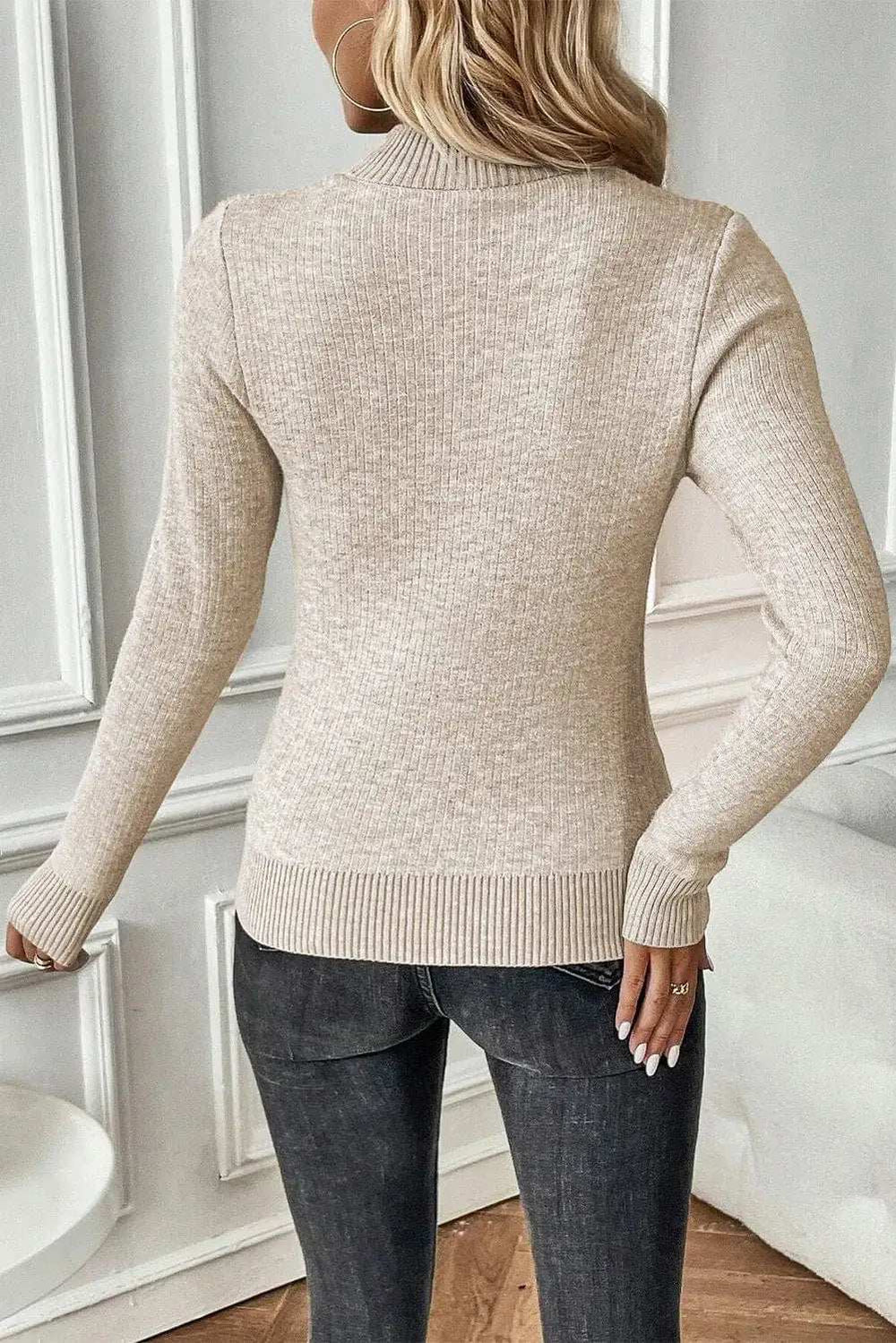 Mock Neck Long Sleeve Sweater - Trendsi - Flyclothing LLC