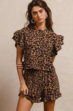 BiBi Leopard Print Waffle Texture Layered Ruffle Sleeve Top and Shorts Set - Trendsi - Flyclothing LLC