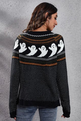 Ghost Pattern Round Neck Long Sleeve Sweater - Trendsi - Flyclothing LLC