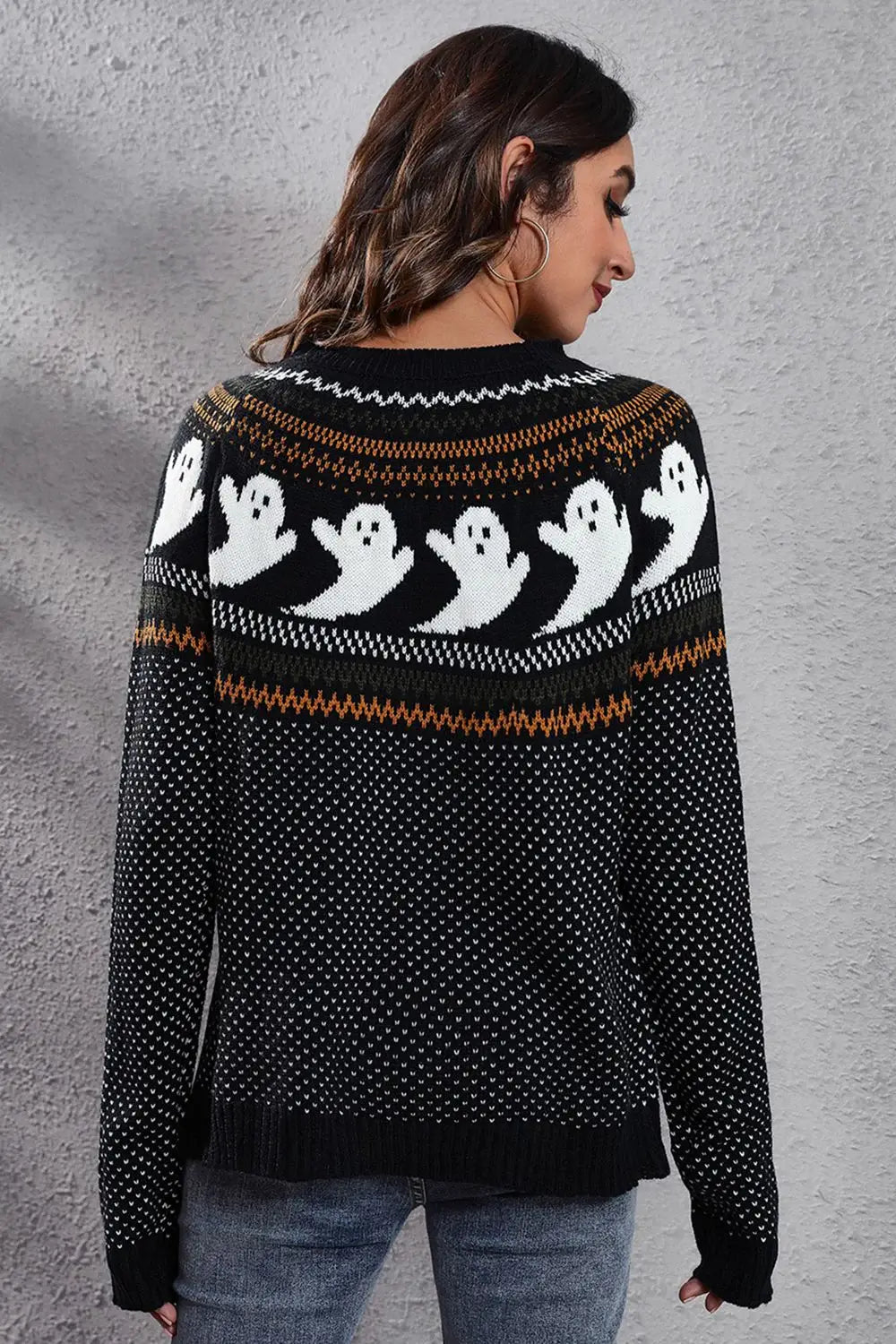 Ghost Pattern Round Neck Long Sleeve Sweater - Trendsi - Flyclothing LLC