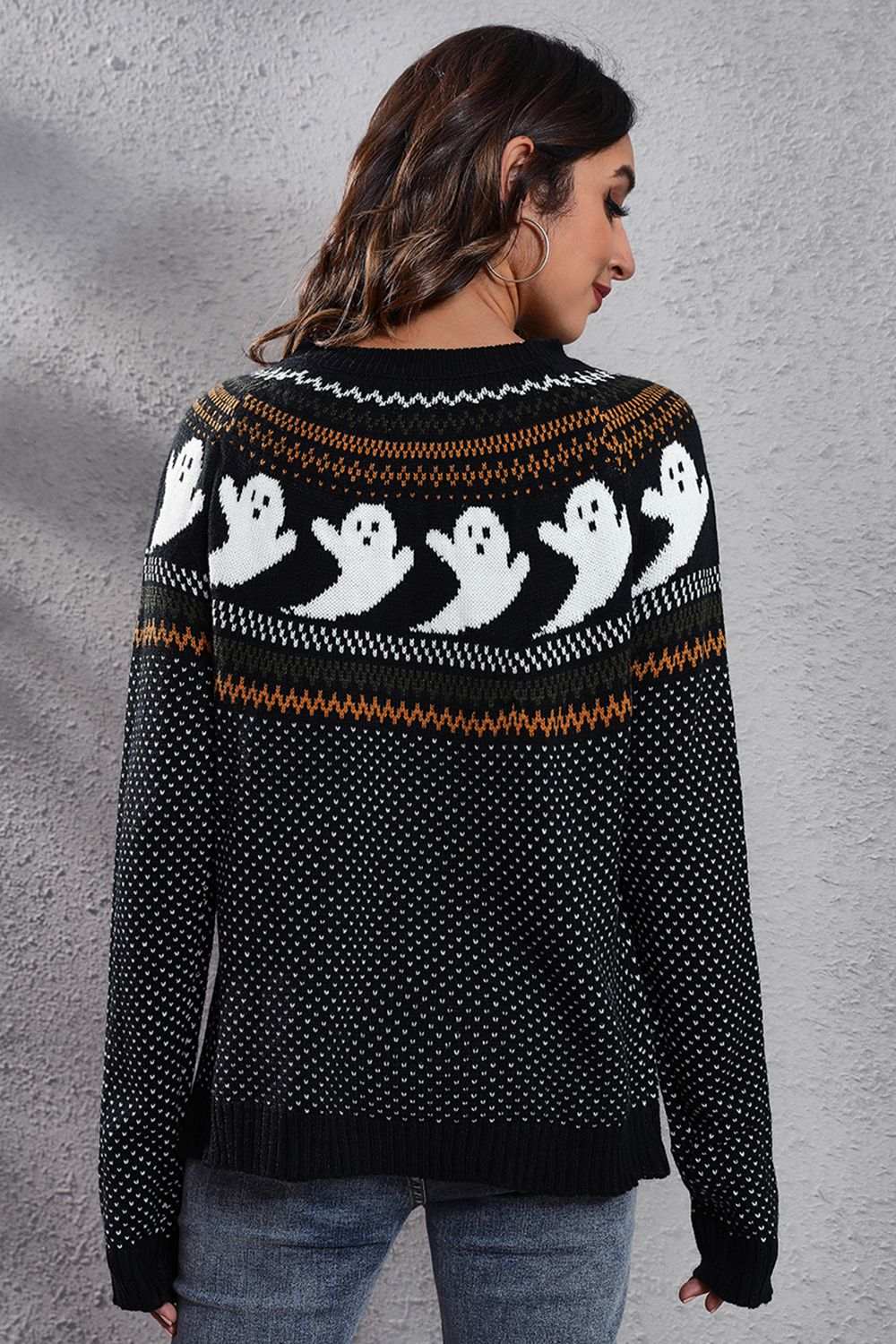 Ghost Pattern Round Neck Long Sleeve Sweater - Trendsi - Flyclothing LLC