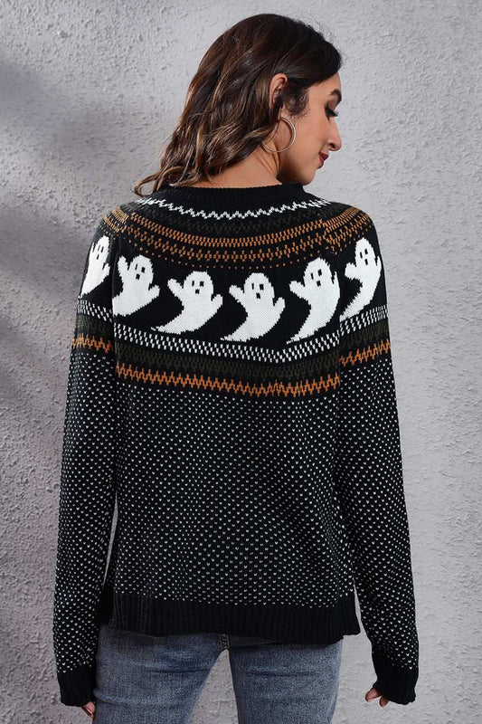 Ghost Pattern Round Neck Long Sleeve Sweater - Trendsi - Flyclothing LLC