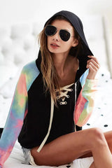 BiBi French Terry Lace Up Hoodie With Tie Dye Sleeves - Trendsi - Flyclothing LLC