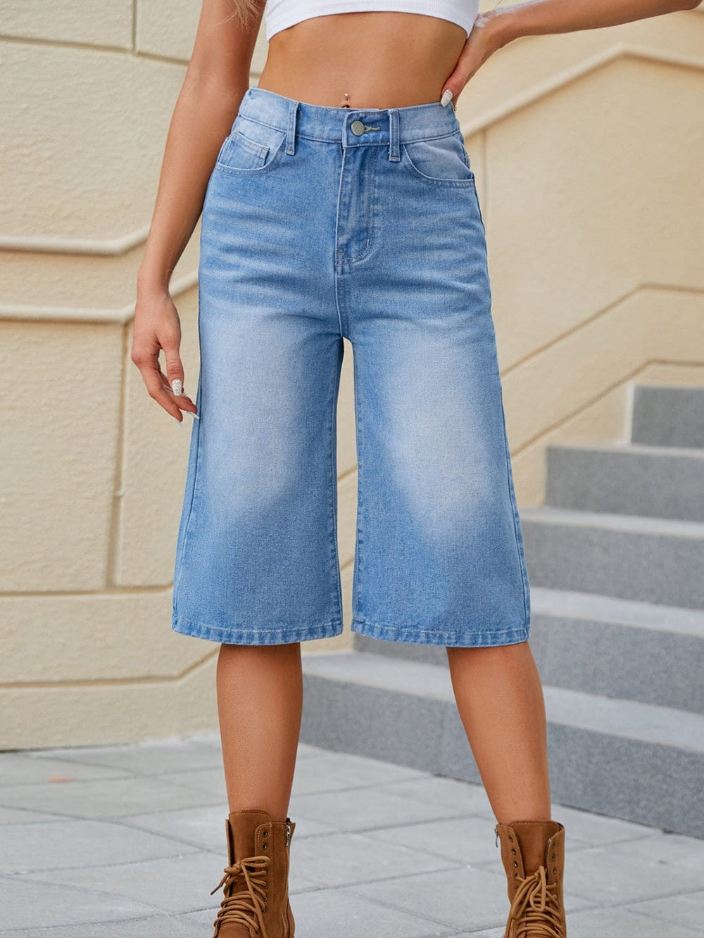 High Waist Denim Shorts with Pockets - Trendsi