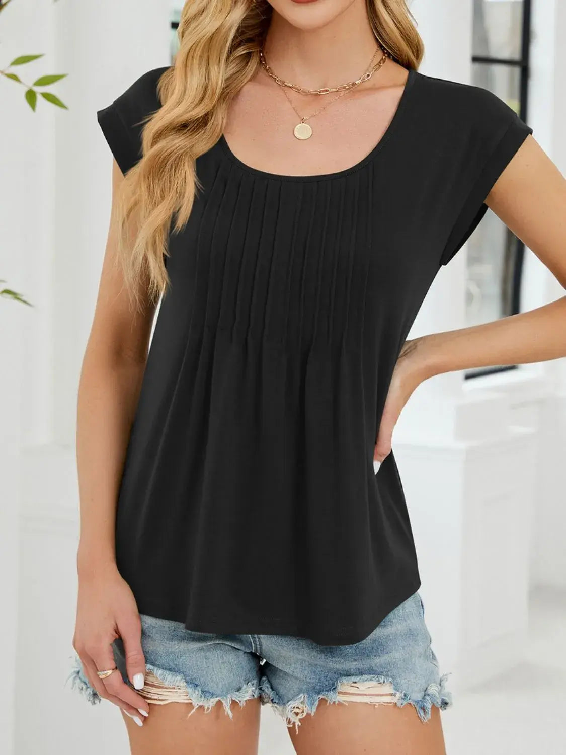 Pleated Front Scoop Neck T-Shirt - Trendsi - Flyclothing LLC