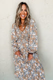 Printed V-Neck Long Sleeve Dress - Trendsi