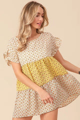 BiBi Flroal Printed Woven Color Block and Tiered Top - Trendsi - Flyclothing LLC