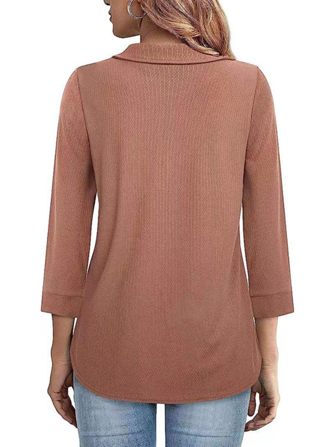 Half Zip Collared Neck Three-Quarter Sleeve T-Shirt - Trendsi - Flyclothing LLC